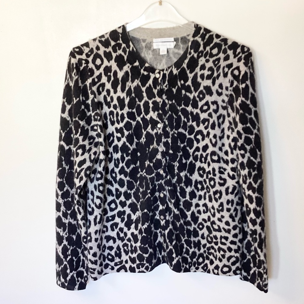 Leopard Print Crewneck Sweater Cardigan - Black and Cream